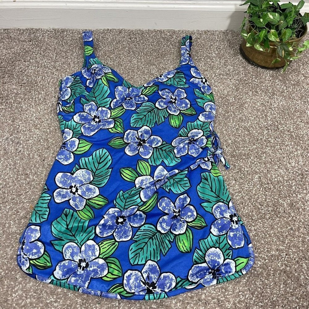 Gabar Vintage Swimsuit Dress Playsuit One Piece Blue Floral Size 18 Tropical